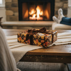 Autumn leaf print gift wrapped with a brown velvet ribbon, cozy fireplace in background.