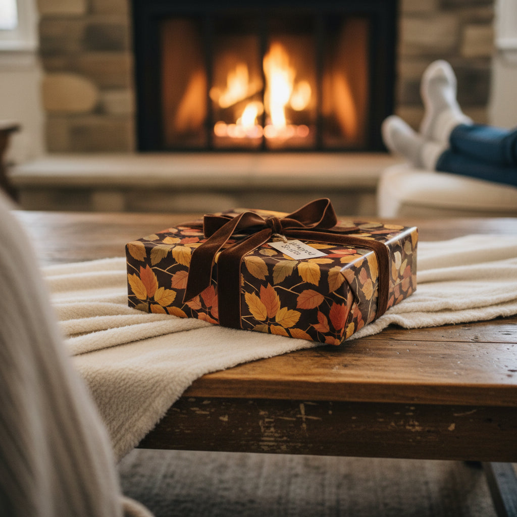 Autumn leaf print gift wrapped with a brown velvet ribbon, cozy fireplace in background.