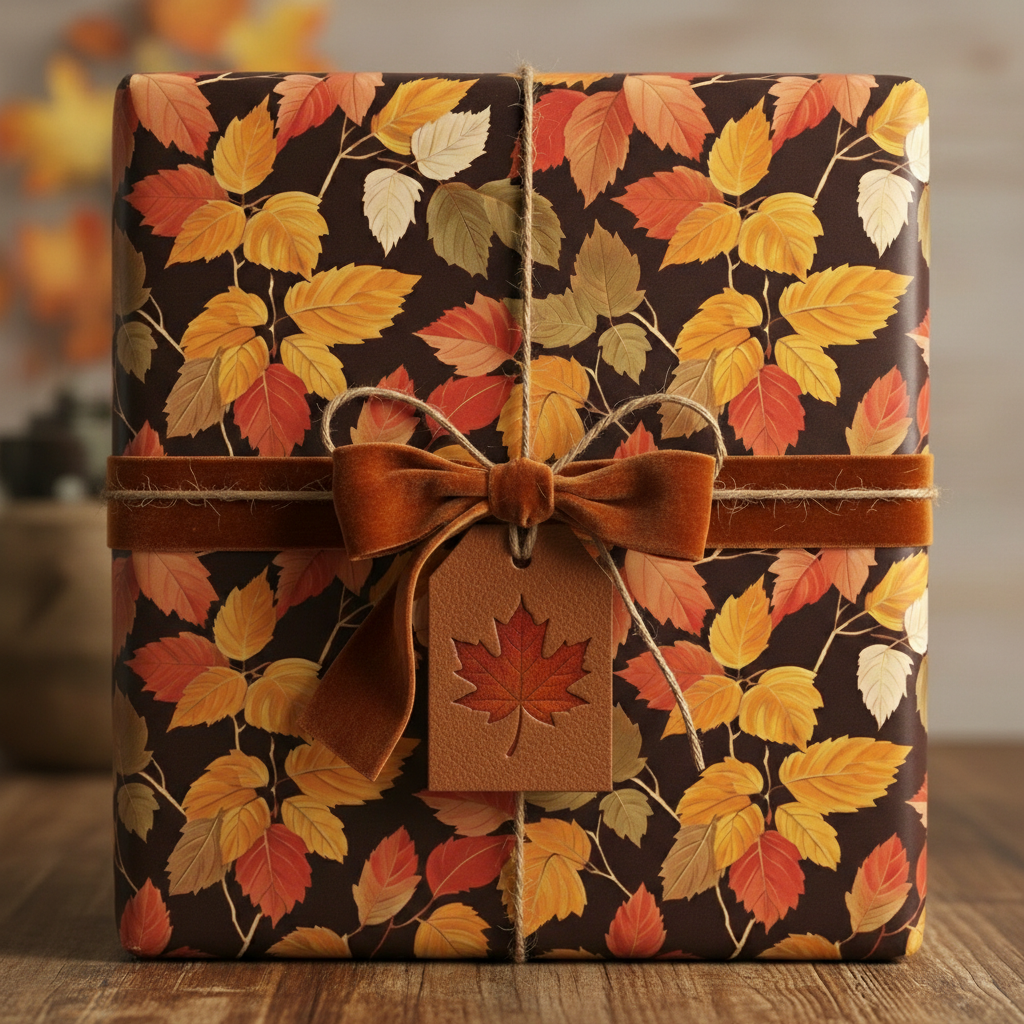 Autumn gift box wrapped in brown floral wrapping paper, velvet ribbon, and leaf tag.