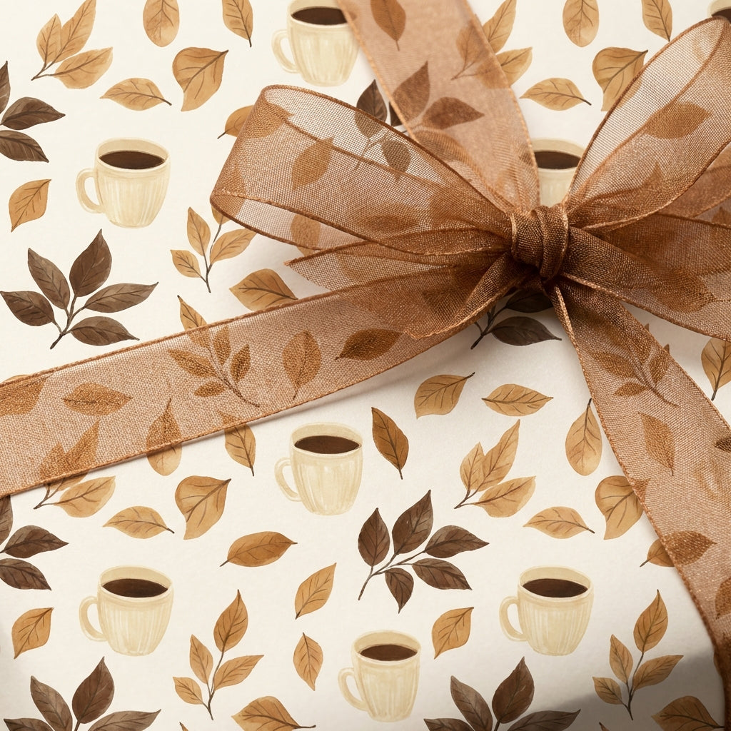 Elegant wrapping paper featuring a coffee cup and leaf pattern, tied with a sheer brown ribbon.