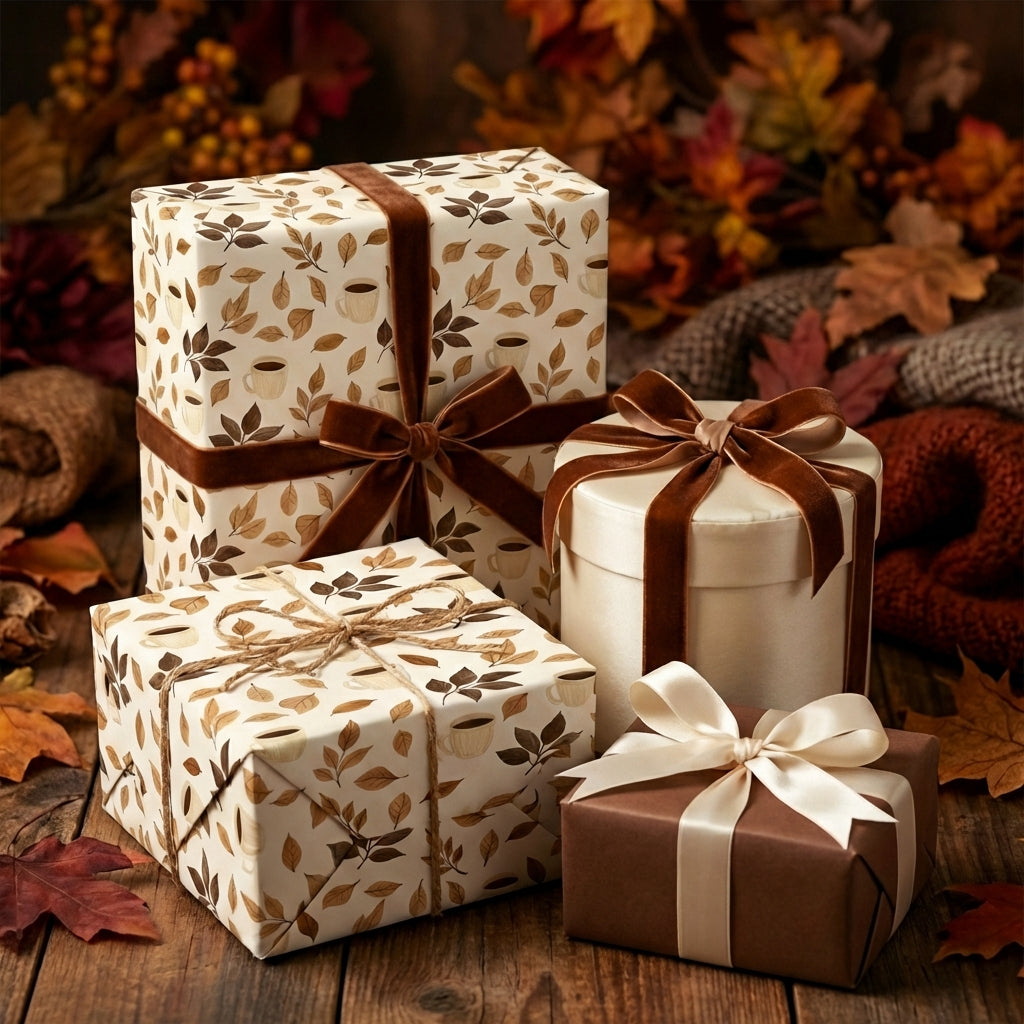 Gift boxes with autumn coffee themed wrapping paper and ribbons on a wooden surface with fall leaves.