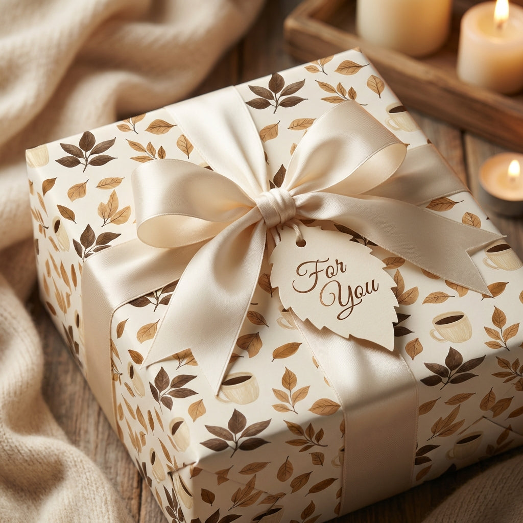 Elegant gift wrapped in botanical wrapping paper with a cream satin bow and a 'For You' tag.
