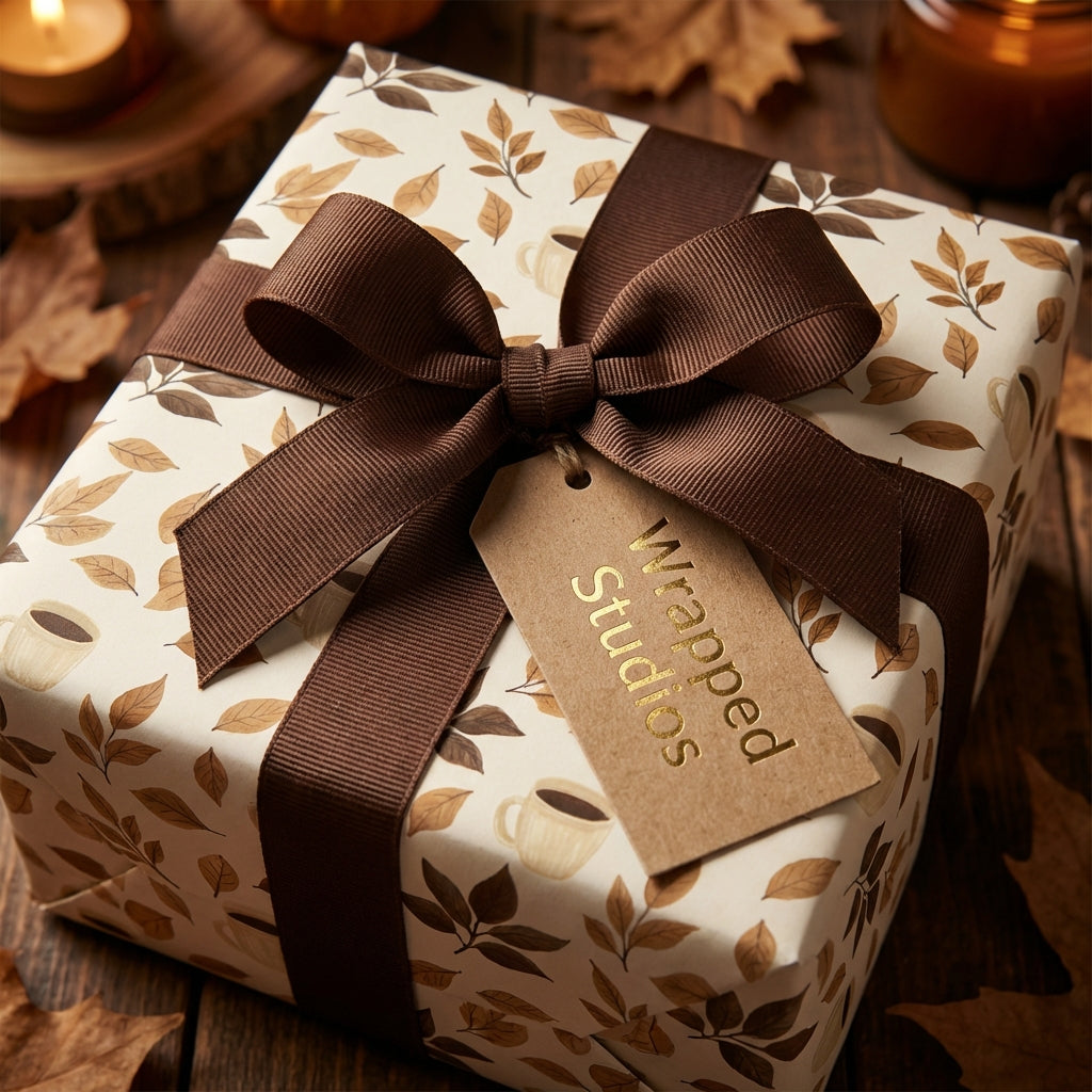 Autumn floral wrapping paper with brown ribbon on a square gift box, perfect for fall birthdays or Thanksgiving.
