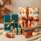 Elegant fall gift wrap with tree pattern and colorful ribbons for autumn birthdays or Thanksgiving.