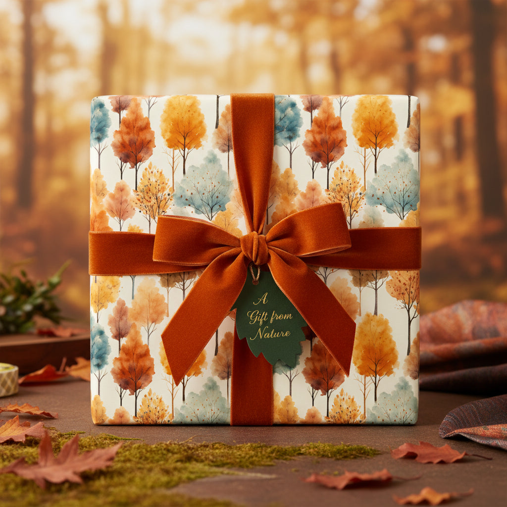 Autumn-themed gift box wrapped in watercolor tree print paper with rust-colored velvet ribbon.
