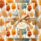 Autumn tree pattern wrapping paper with gold ribbon, perfect for fall birthday gifts or Thanksgiving presents.