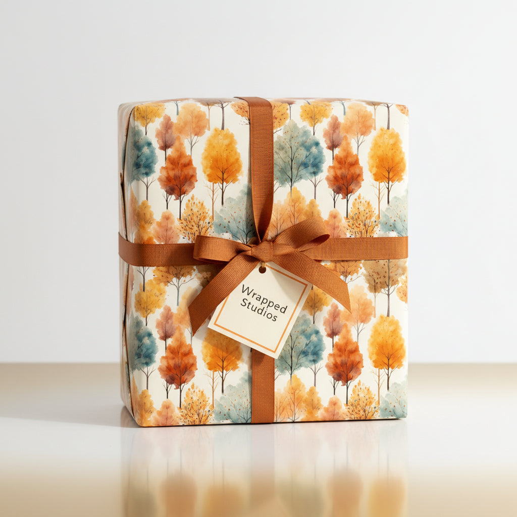 Square gift wrapped in watercolor autumnal tree wrapping paper with brown ribbon and bow.