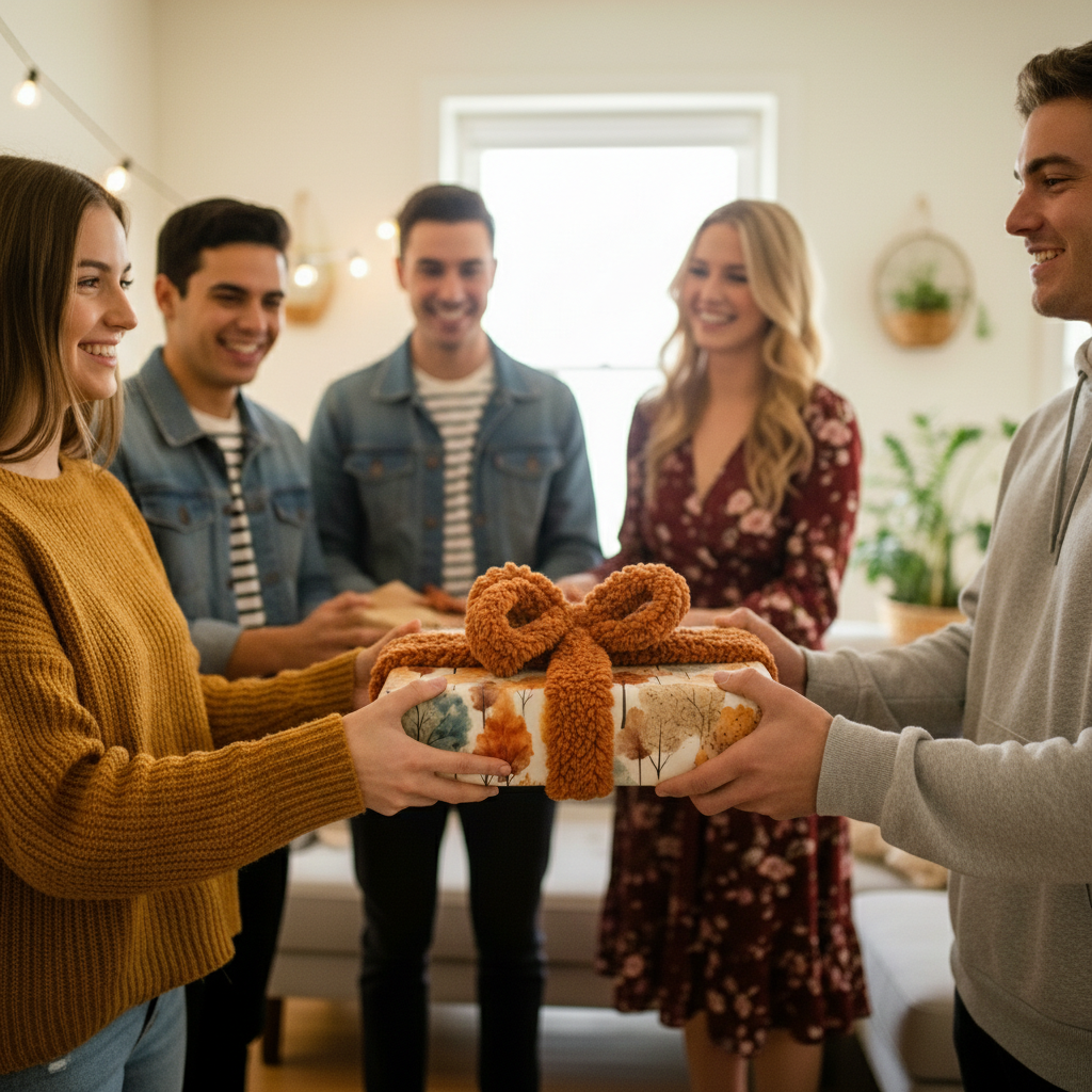 Friends exchanging gifts wrapped in autumn leaf wrapping paper with chunky knit orange ribbon.