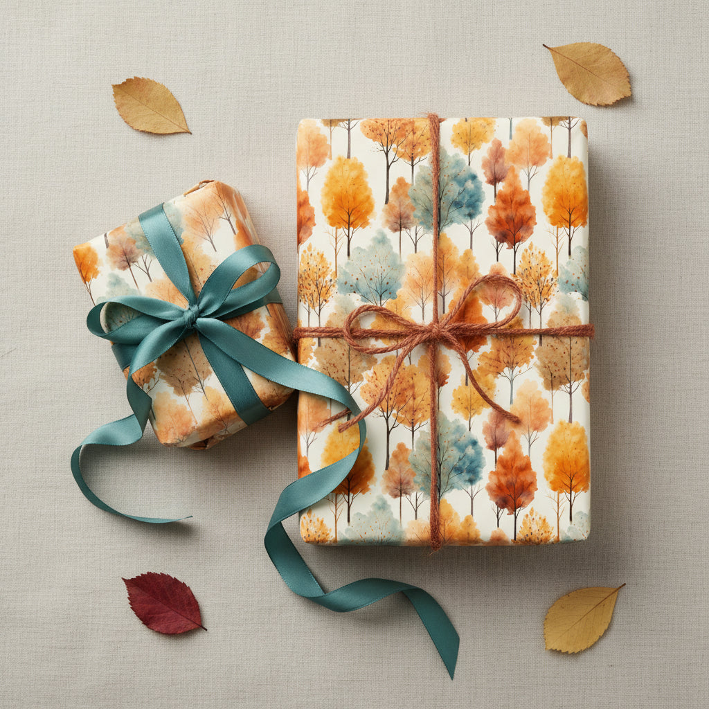 Gifts wrapped in fall-themed wrapping paper featuring watercolor trees with teal ribbon and rustic twine.