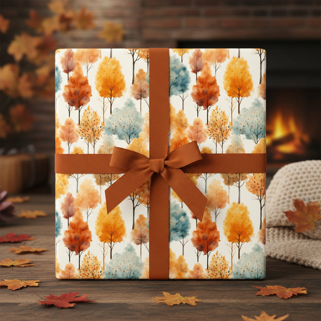 Gift wrapped in rustic watercolor tree wrapping paper with brown ribbon; cozy fall scene.