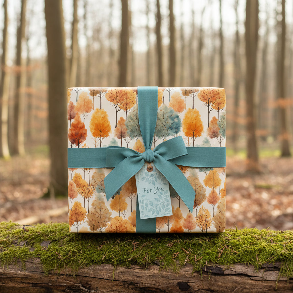 Elegant gift wrapped in autumnal tree print wrapping paper with teal ribbon.