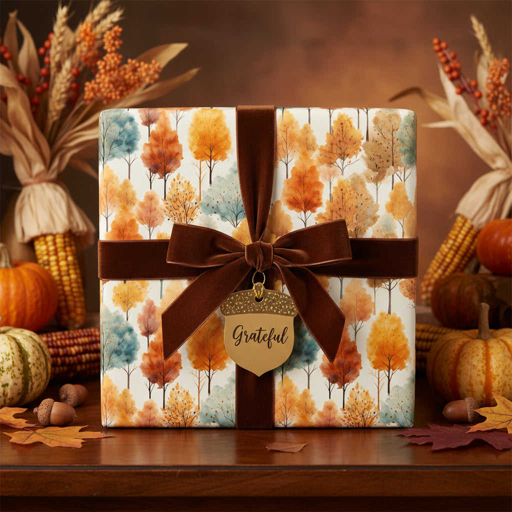 Fall gift wrap: Square gift box in autumn tree print wrapping paper tied with a brown velvet ribbon and "Grateful" tag.