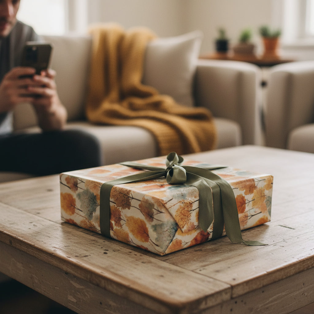 Gift wrapped in autumn leaf paper with green ribbon on wooden table, person on phone in background.