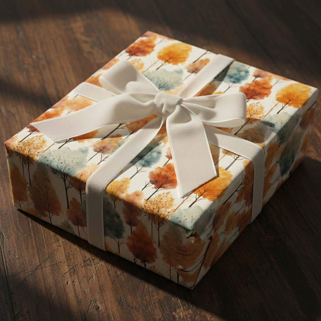 Square gift wrapped in modern autumn tree pattern paper with white ribbon.