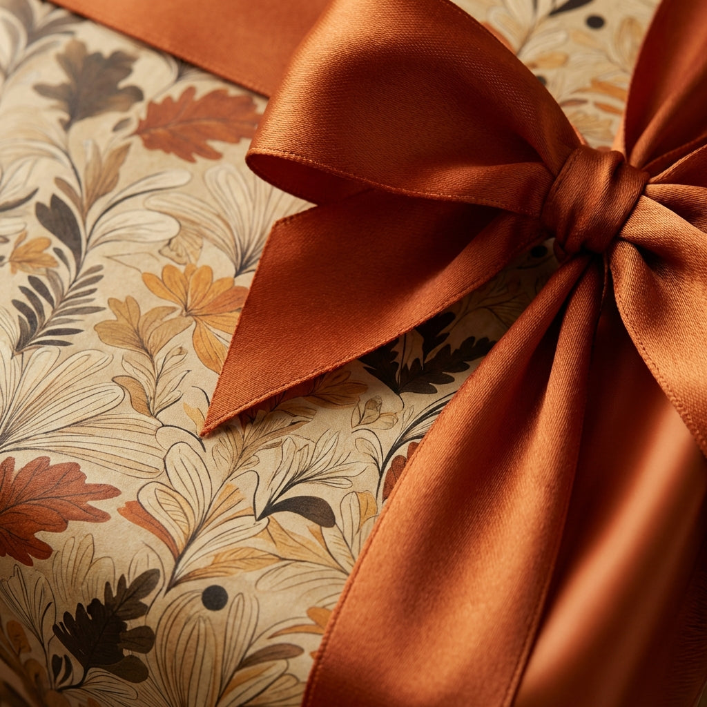 Elegant floral wrapping paper with a copper satin ribbon bow, perfect for fall gifts from Wrapped Studios.