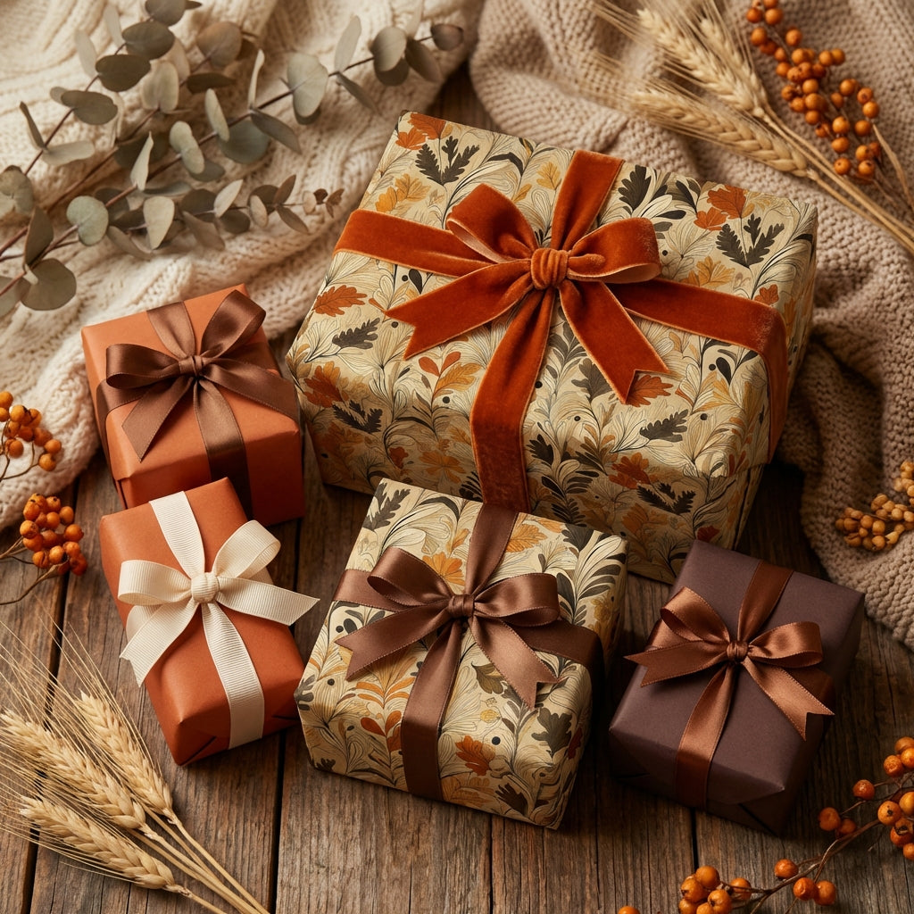 Gifts wrapped in floral wrapping paper with ribbons, autumnal theme.