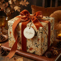 Elegant autumn floral wrapping paper with velvet ribbon and "For You" tag.