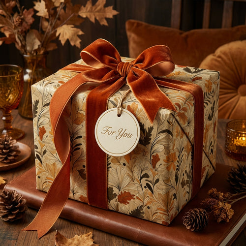 Elegant autumn floral wrapping paper with velvet ribbon and "For You" tag.