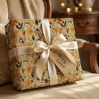 Elegant floral wrapping paper in gold and brown tones with a satin bow and "With Love" tag.