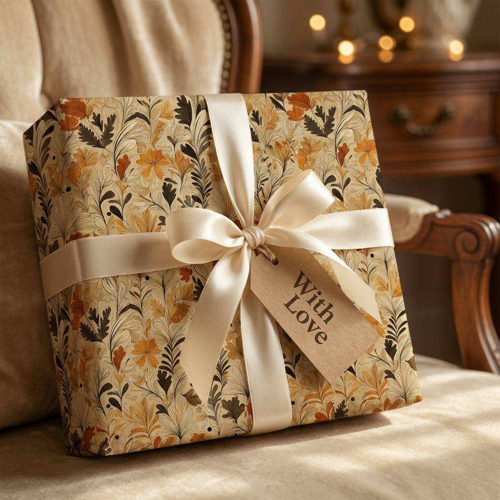 Elegant floral wrapping paper in gold and brown tones with a satin bow and "With Love" tag.