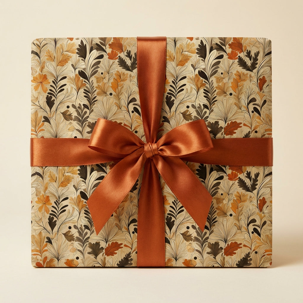 Square gift wrapped in autumn floral wrapping paper and copper satin ribbon bow from Wrapped Studios.