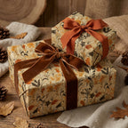 Gifts in luxury floral wrapping paper with brown velvet ribbon.