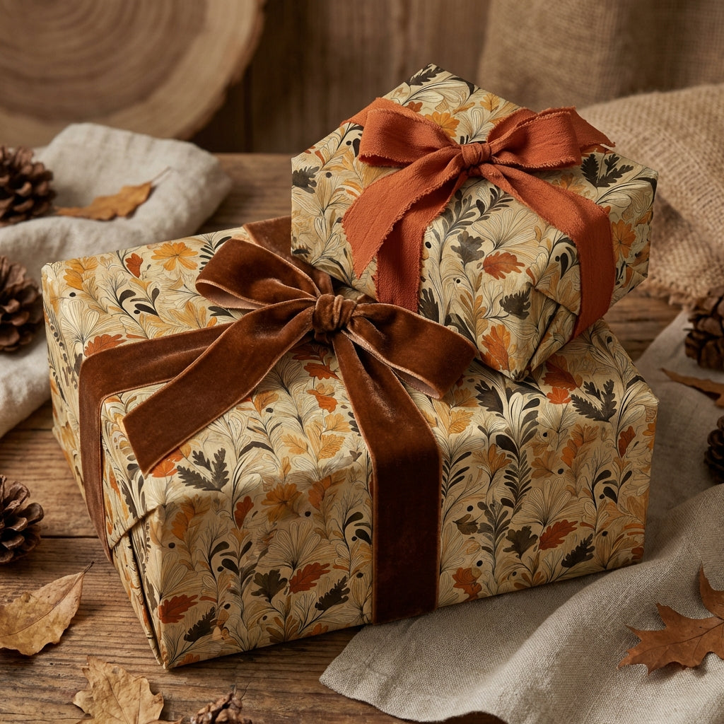 Gifts in luxury floral wrapping paper with brown velvet ribbon.