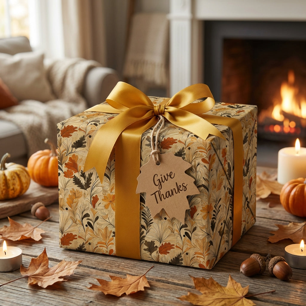 Fall-themed gift wrapped in floral wrapping paper with gold ribbon, tag says “Give Thanks."