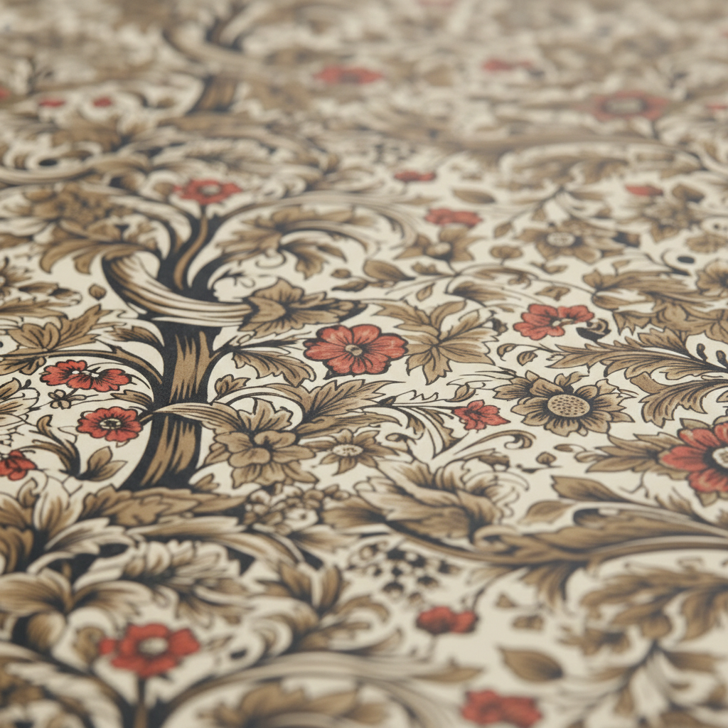 Elegant floral wrapping paper with a vintage tree and red flower design.