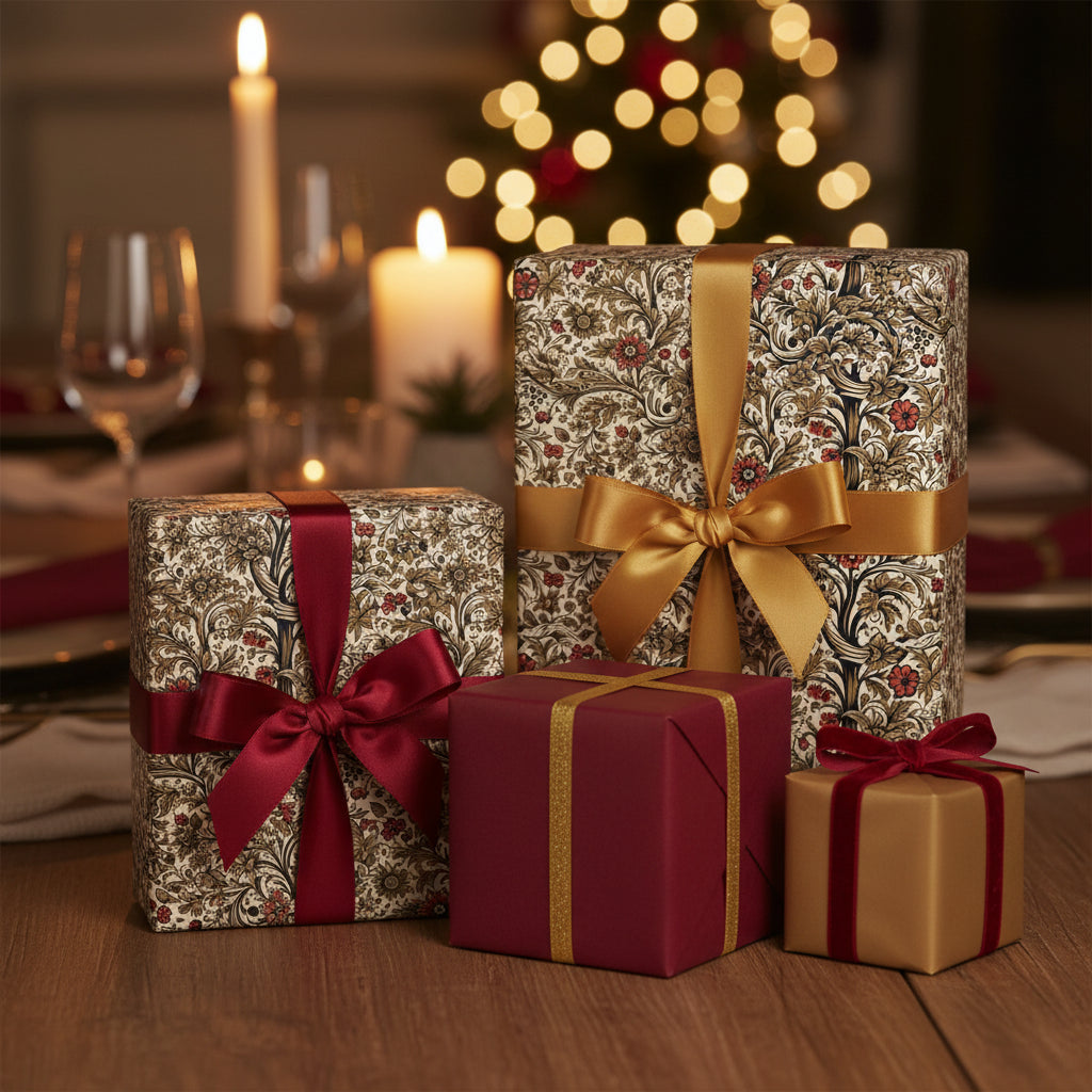 Elegant floral wrapping paper on gifts tied with satin ribbon under soft Christmas lights.