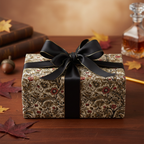 Elegant gift wrapped in vintage floral wrapping paper with black and gold ribbon.