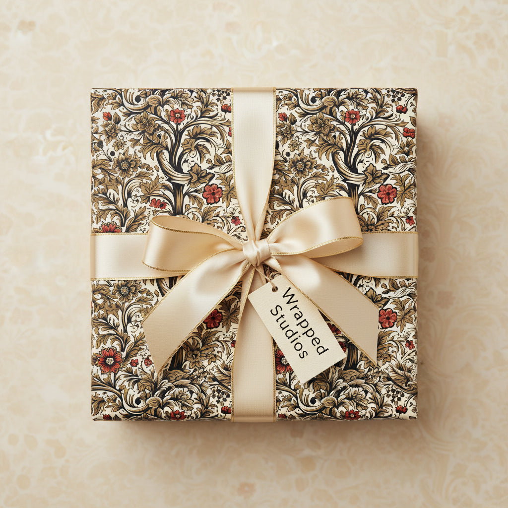 Elegant gift box in vintage floral wrapping paper with gold ribbon, perfect for birthday or special occasion.