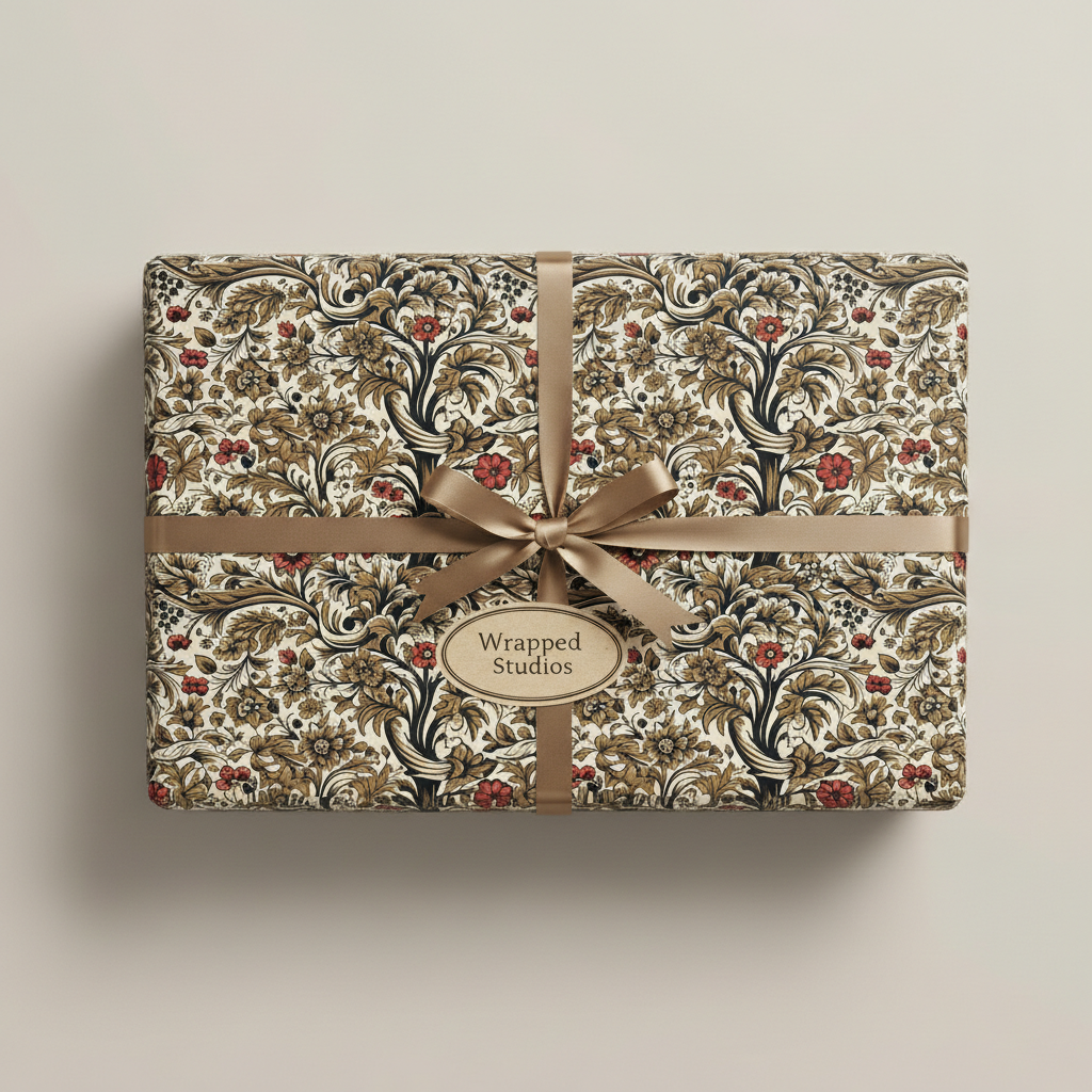 Elegant floral wrapping paper on a rectangular gift box with a gold ribbon and bow.