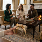 Giving a gift wrapped in luxury floral wrapping paper with a gold ribbon, around a fireplace.