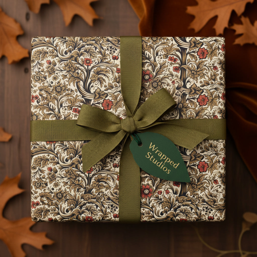 Elegant gift wrapped in vintage floral wrapping paper with green ribbon on a wood table with fall leaves.