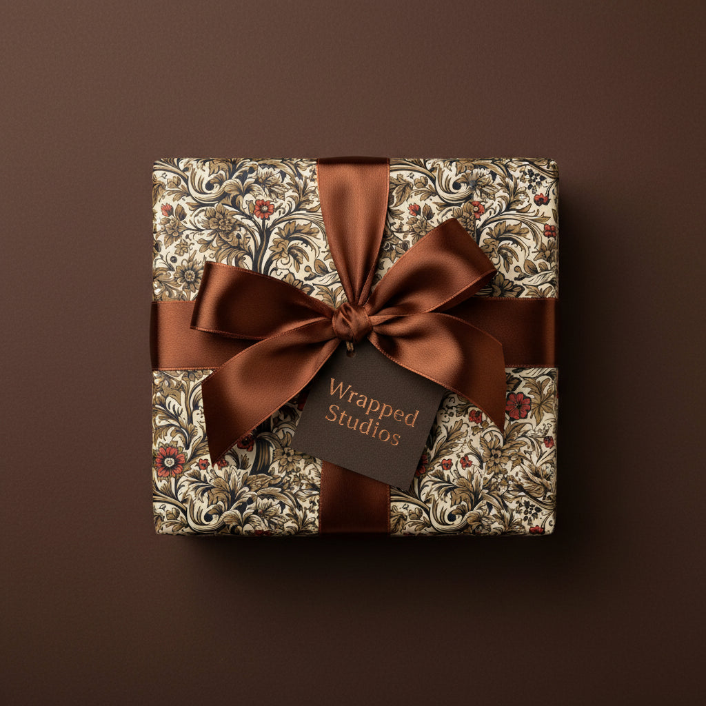 Elegant gift with vintage floral wrapping paper and brown satin ribbon on matching brown background.
