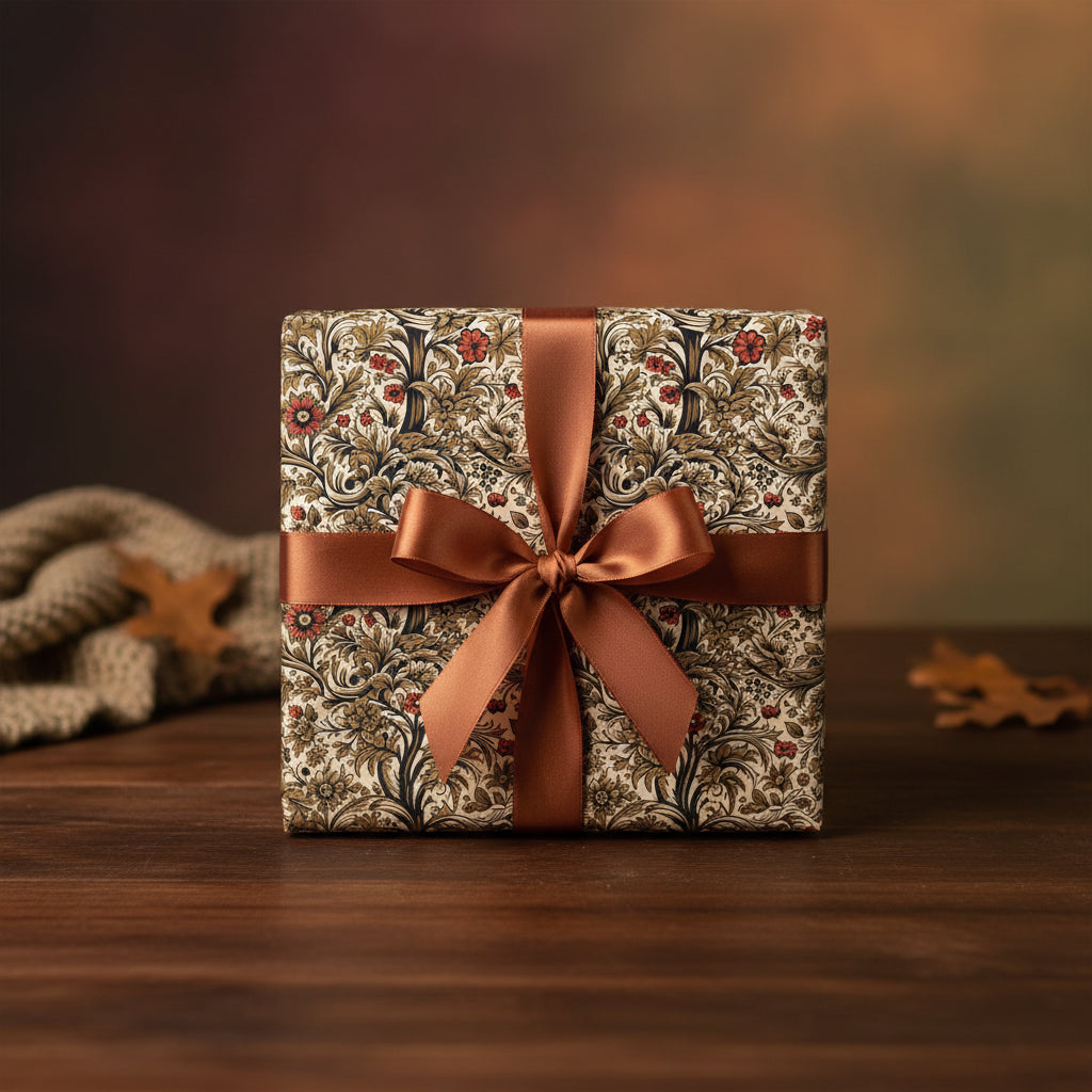 Elegant gift wrapped in vintage-style floral wrapping paper with a brown satin ribbon, perfect for a birthday or special occasion.