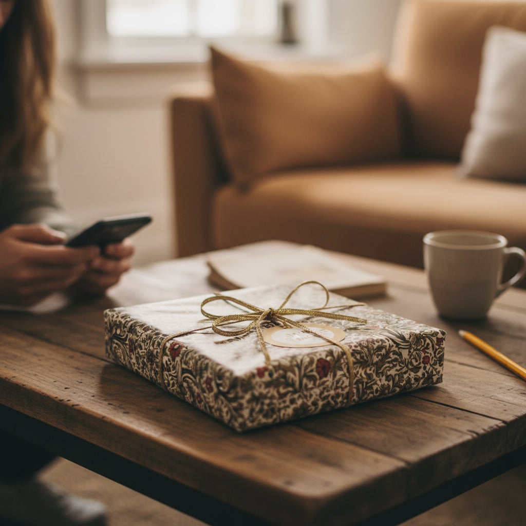 Close-up of a gift wrapped in vintage-style floral wrapping paper with a gold ribbon on a wooden table.
