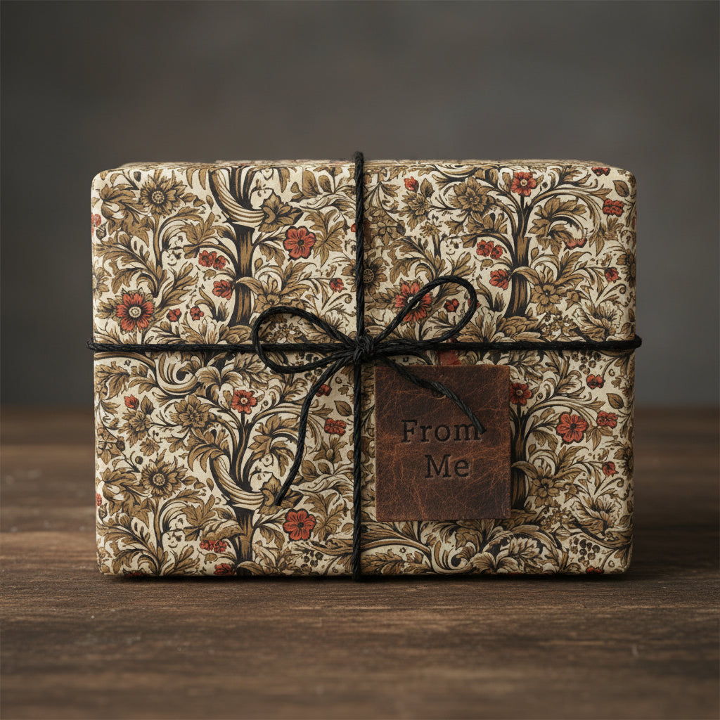 Rectangular gift wrapped in vintage floral wrapping paper with black twine and a leather gift tag.