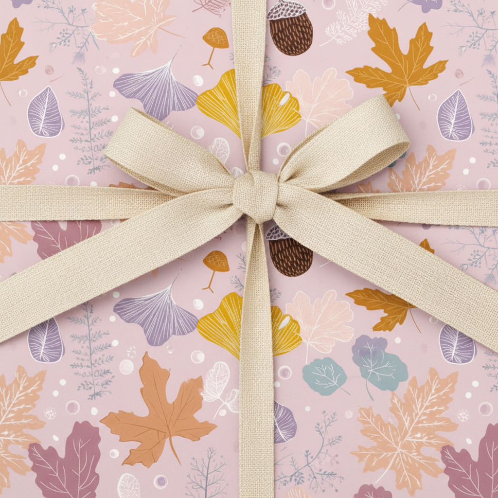 Autumn-themed wrapping paper featuring pastel-colored leaves and acorns, tied with a beige ribbon.