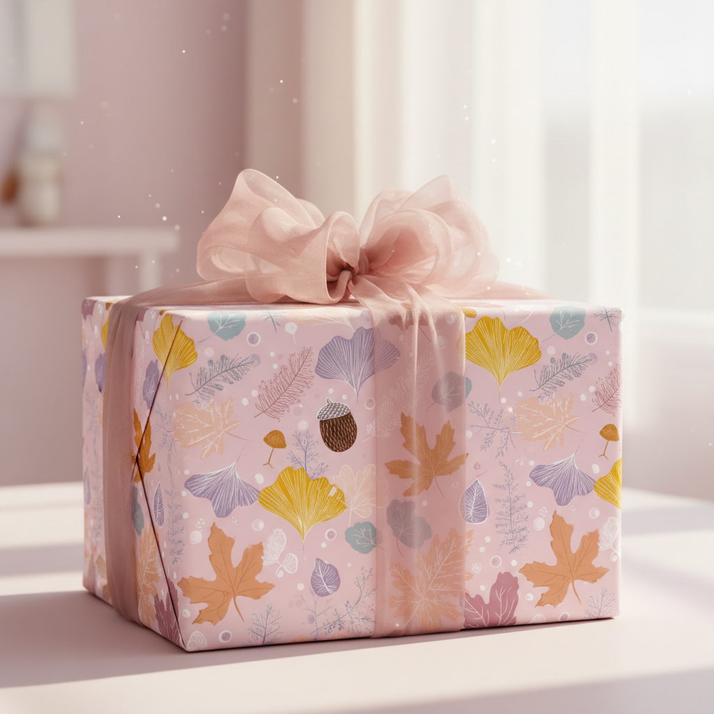 Elegant gift wrapped in pink floral wrapping paper with a sheer blush bow, perfect for birthday or baby shower presents.