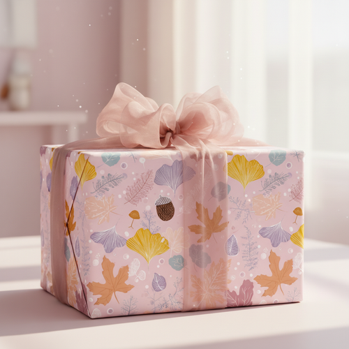 Elegant gift wrapped in pink floral wrapping paper with a sheer blush bow, perfect for birthday or baby shower presents.