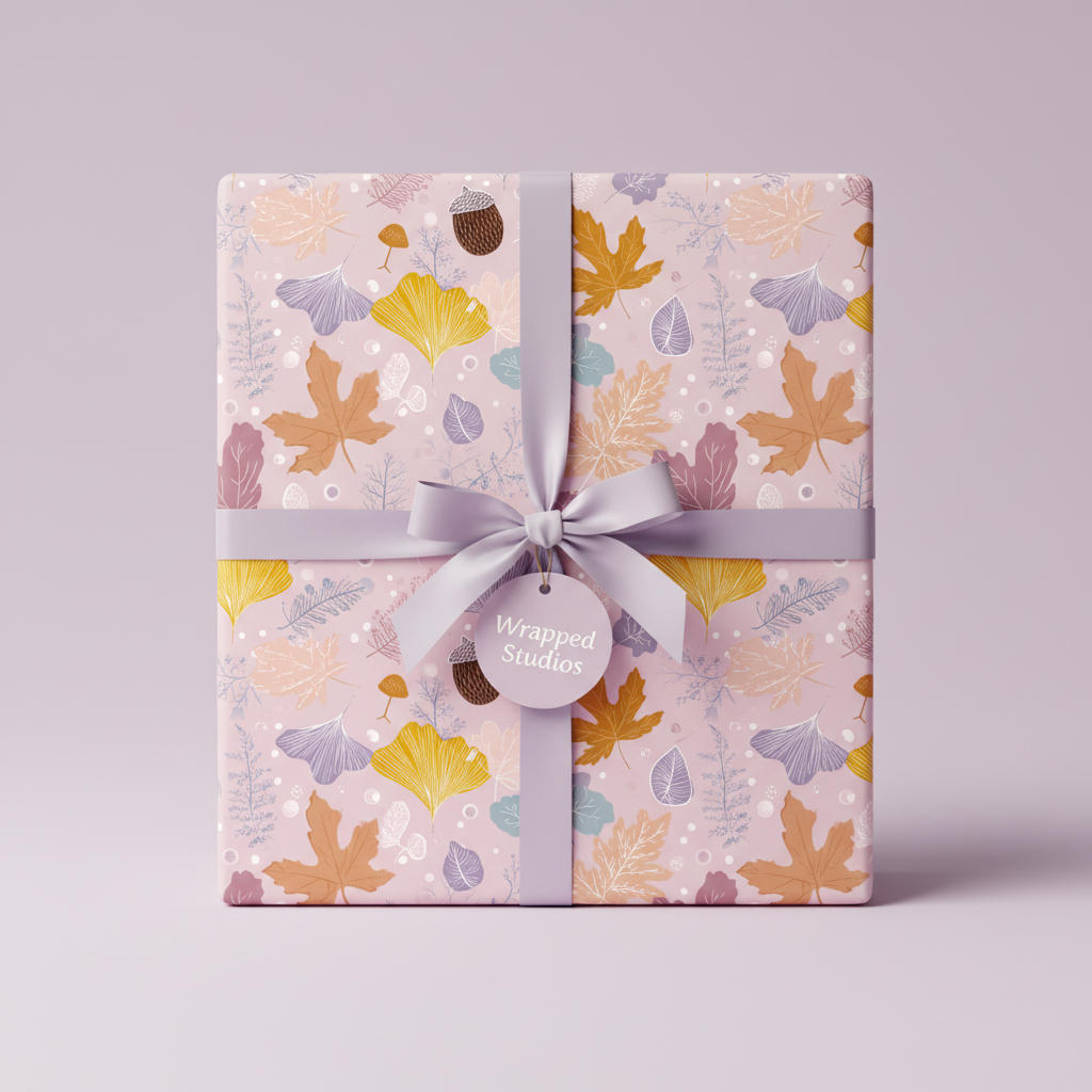 Gift wrapped in autumnal-themed wrapping paper with leaves and acorns, finished with a lilac ribbon.