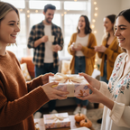 Woman exchanging a gift wrapped in floral wrapping paper with a cream bow at a festive autumn gathering.