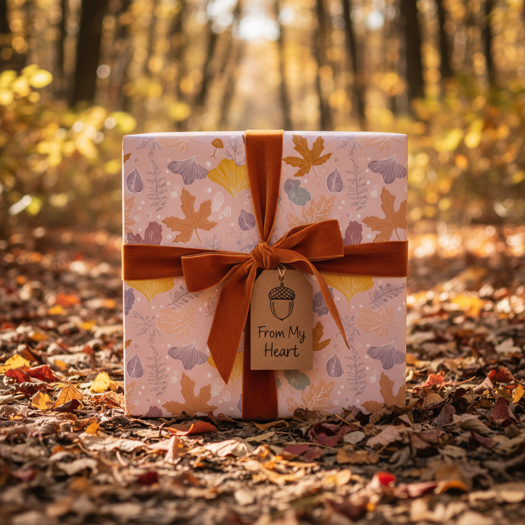 Gift wrapped in pink floral wrapping paper with a velvet ribbon and "From My Heart" tag, set in an autumn forest.