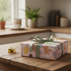 Gift wrapped in pink floral wrapping paper with a sage green ribbon and bow, on a wooden table.