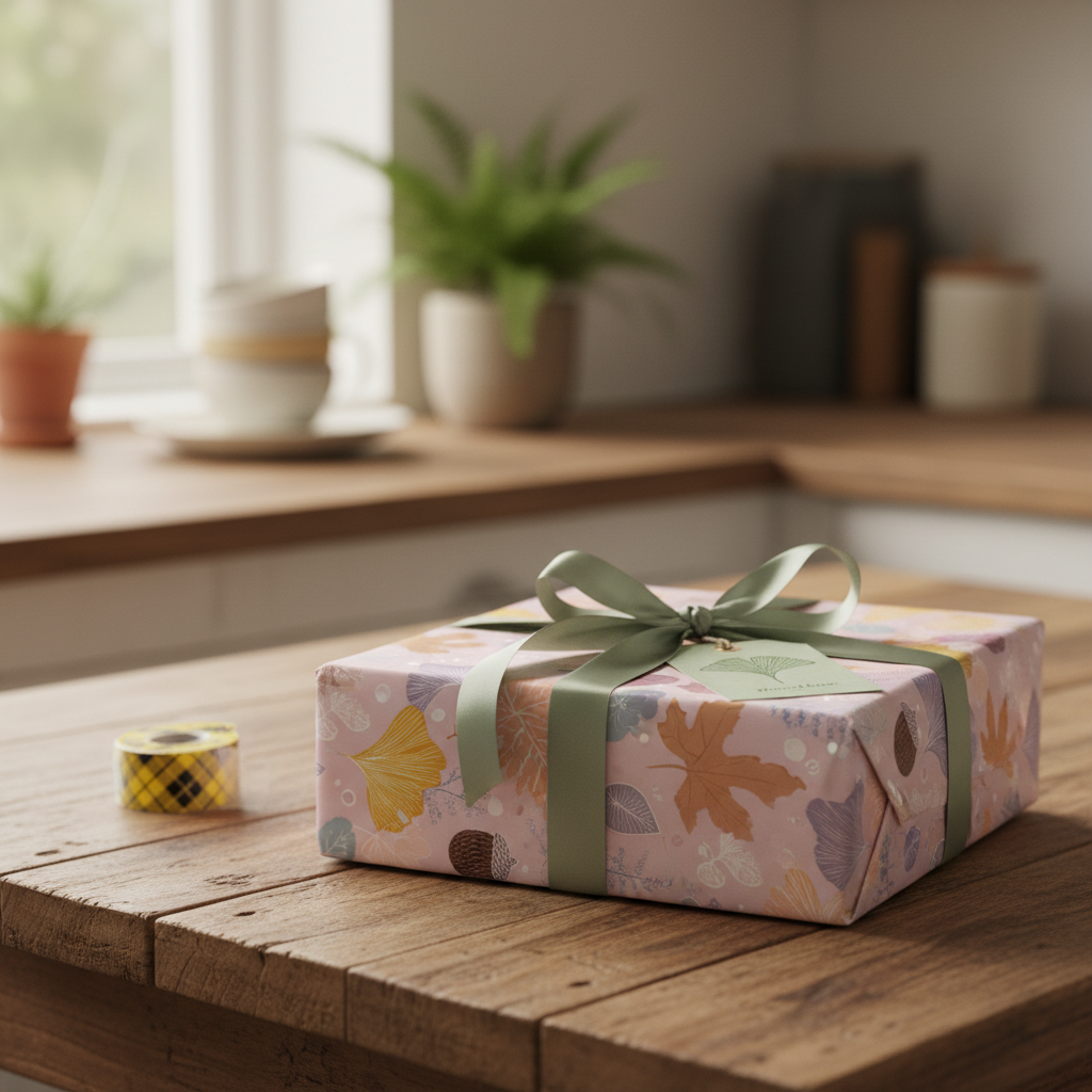 Gift wrapped in pink floral wrapping paper with a sage green ribbon and bow, on a wooden table.