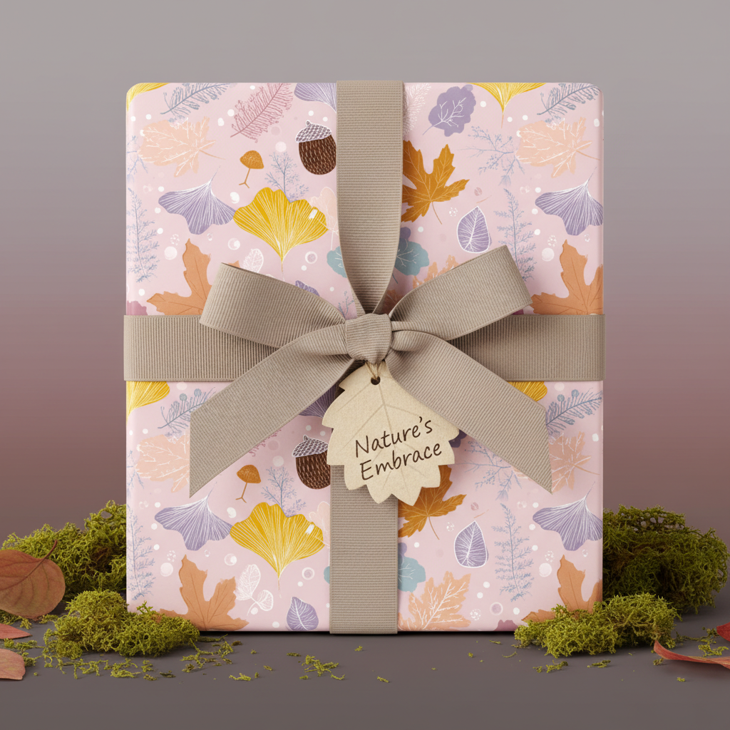 Gift box wrapped in pink floral wrapping paper with a neutral bow and leaf tag for autumn celebrations.