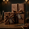 Elegant brown floral wrapping paper with velvet ribbon & gift tags, perfect luxury gift wrap from Wrapped Studios.
