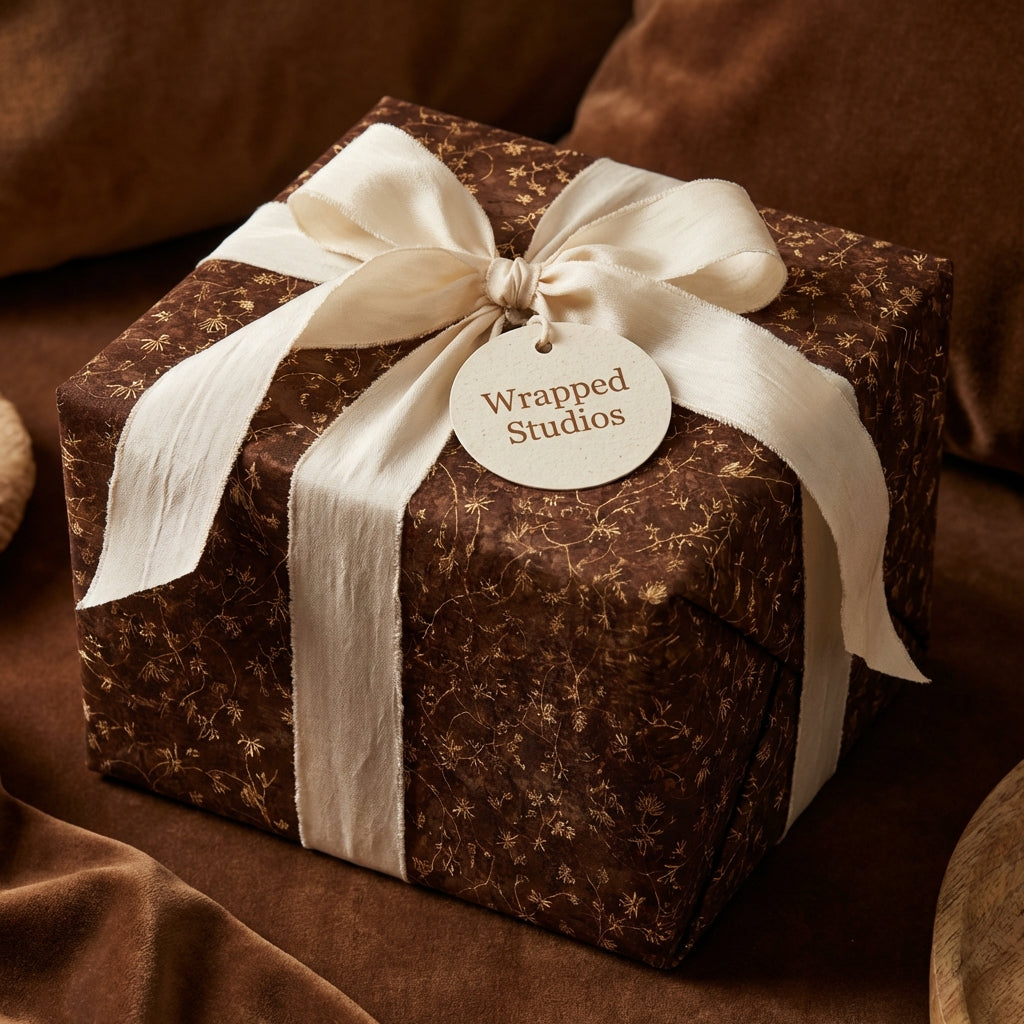 Wrapped Studios luxury gift wrap: Dark brown paper with gold floral pattern and cream ribbon.